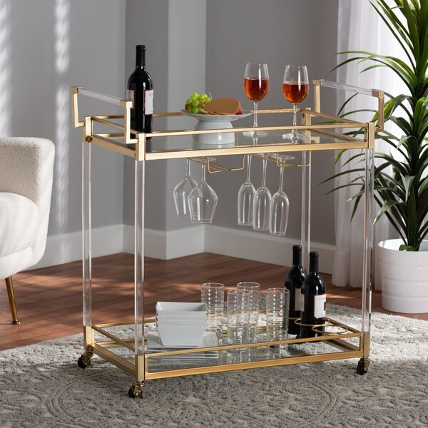 Baxton Studio Savannah Contemporary Glam and Luxe Gold Metal and Glass Wine Cart 220-12524-ZORO - main